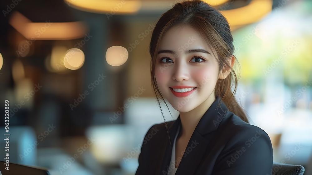 Naklejka premium Cheerful business woman working on laptop in office Asian happy beautiful businesswoman in formal suit work in workplace Attractive female employee office worker smile : Generative AI