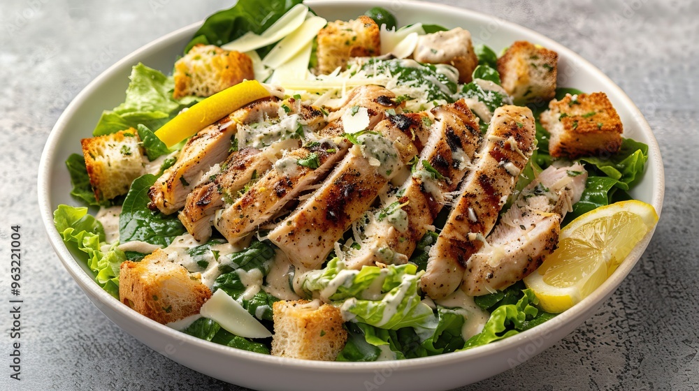 Grilled chicken caesar salad with croutons in white bowl Grilled chicken caesar salad with croutons in white bowl