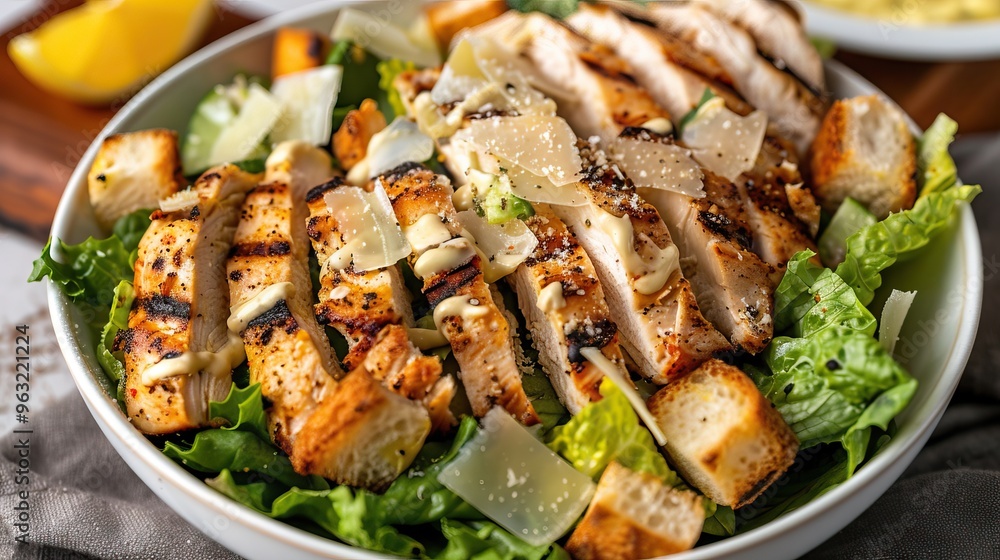 Grilled chicken salad with croutons and lemon wedge on white plate Grilled chicken salad with croutons and lemon wedge on white plate