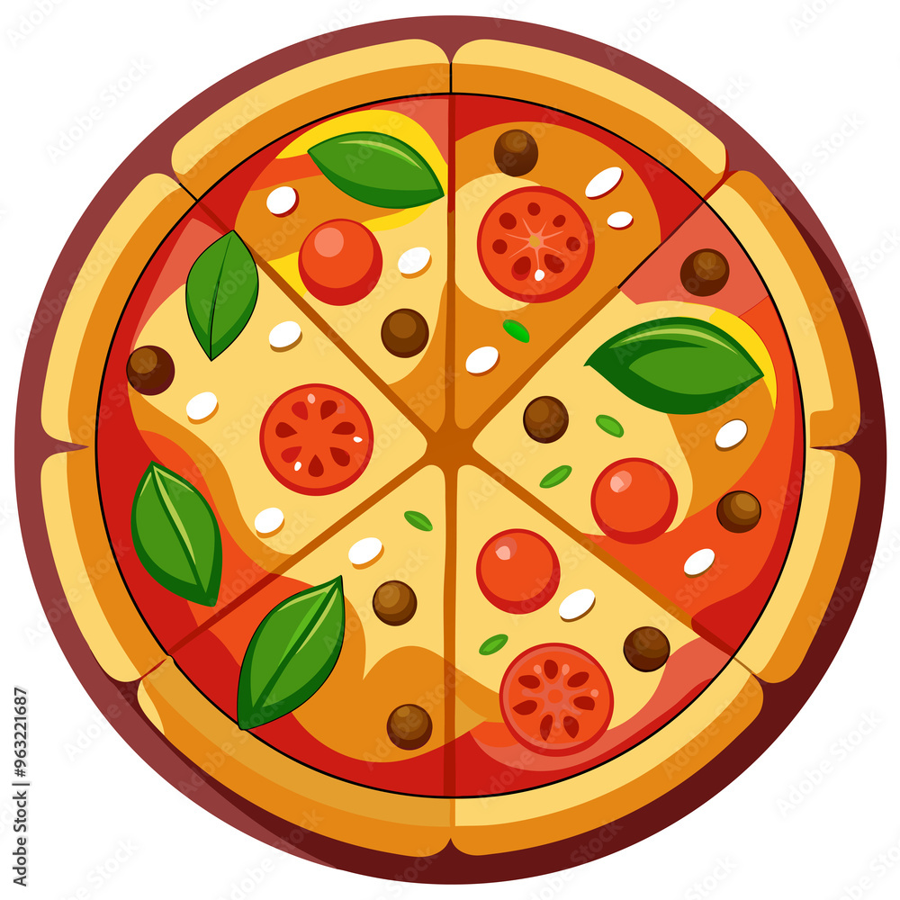 Obraz premium A Whole Round Pizza with Six Slices Topped with Tomato, Basil, Cheese, and Olives