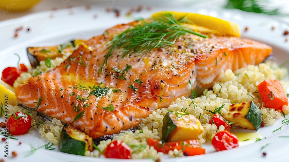 Baked salmon fillet with vegetables and herbs on white plate Baked salmon fillet with vegetables and herbs on white plate