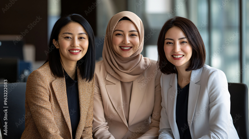 Three diverse businesswomen are sitting together and smiling in a modern office building Three diverse businesswomen are sitting together and smiling in a modern office building