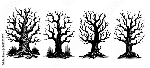 dead leafless trees set. detailed Illustration of scary old crooked trees and branches without leaves. spooky trees set isolated
