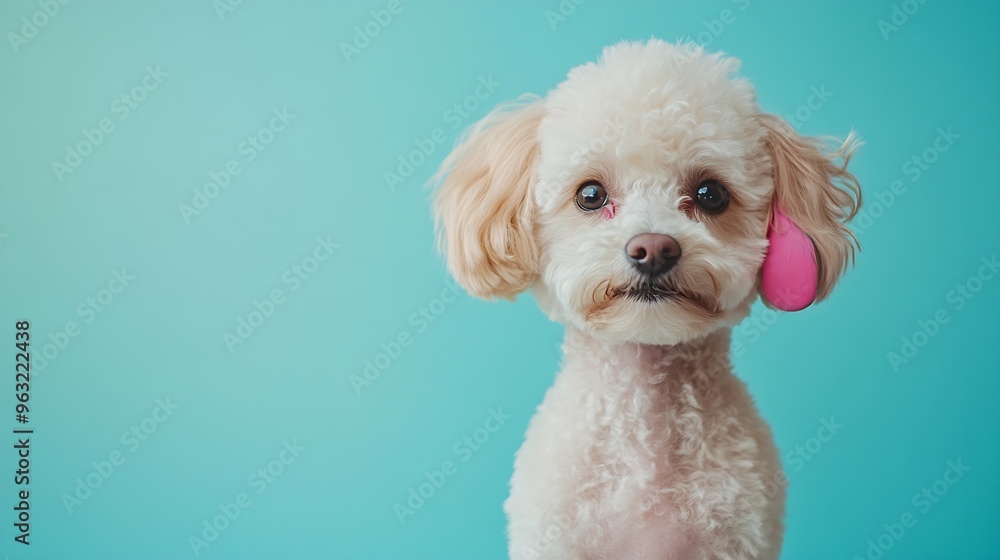 dog in jewelry on a colored background white small poodle in the studio fashion jewelry pet with painted pink ear : Generative AI dog in jewelry on a colored background white small poodle in the studio fashion jewelry pet with painted pink ear : Generative AI