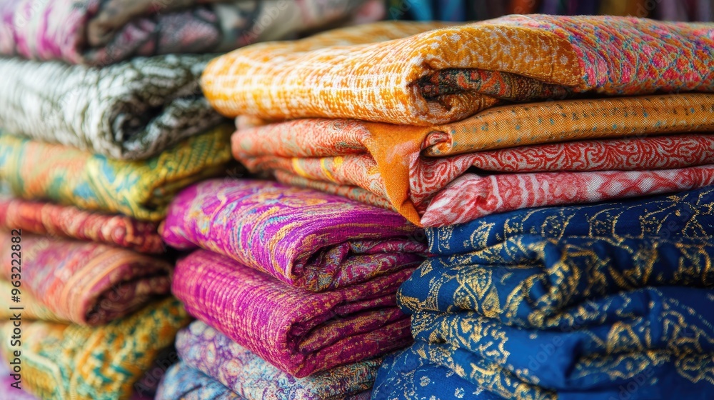 A vibrant array of folded fabrics in an Indian marketplace, displaying rich textures and patterns in vibrant hues. A vibrant array of folded fabrics in an Indian marketplace, displaying rich textures and patterns in vibrant hues.