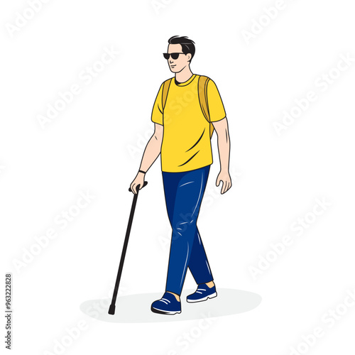 Blind man with a cane and sunglasses walking down the street. Visual disability, eye disease.