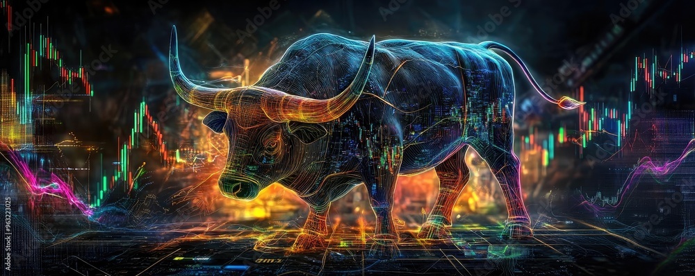 Dynamic bull symbolizing financial growth and market strength, surrounded by vibrant stock market data visualizations. Dynamic bull symbolizing financial growth and market strength, surrounded by vibrant stock market data visualizations.