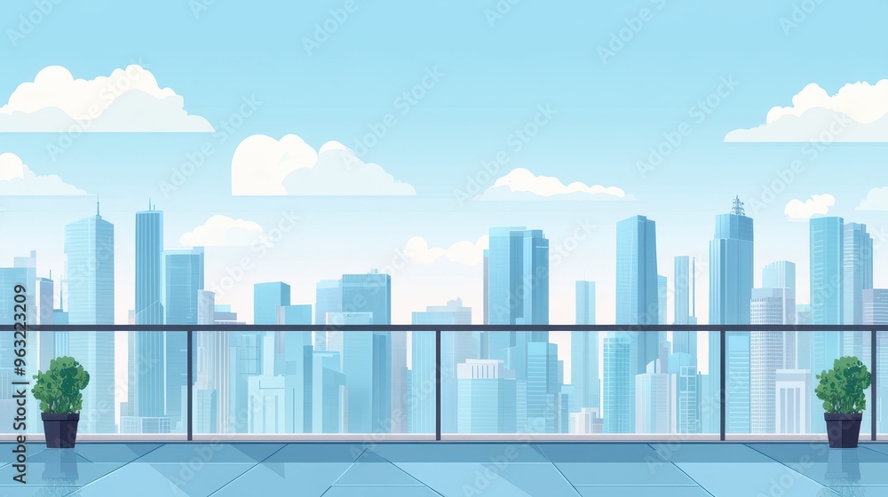 A balcony overlooking a cityscape with blue sky and white clouds. A balcony overlooking a cityscape with blue sky and white clouds.
