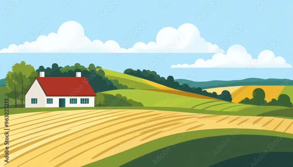 A charming white house with a red roof sits amidst rolling green hills and fields, under a bright blue sky with fluffy white clouds. A charming white house with a red roof sits amidst rolling green hills and fields, under a bright blue sky with fluffy white clouds.
