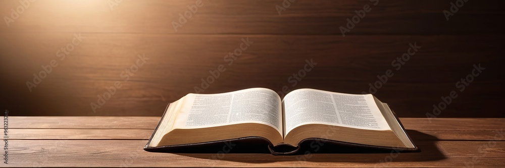 Open Bible on a weathered wooden surface with generous text area. Ideal for religious content, presentations, and worship. Panoramic design. Made with generative AI technology Open Bible on a weathered wooden surface with generous text area. Ideal for religious content, presentations, and worship. Panoramic design. Made with generative AI technology