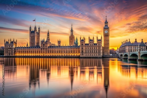 government, British, historic, London, minimalist, dusk,palace, serene, silhouette, city, The Palace of Westminster during sunset in London captured with a minimalist approach