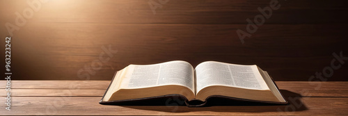 Open Bible on a weathered wooden surface with generous text area. Ideal for religious content, presentations, and worship. Panoramic design. Made with generative AI technology