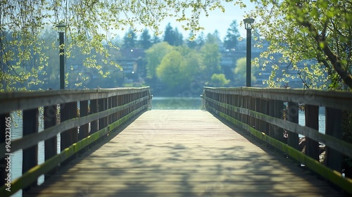 Pier and walkway by riverside Sunny spring day in beautiful riverpark in New Westminster BC Canada Beautiful spring landscape Nobody Street photo travel photo : Generative AI photo