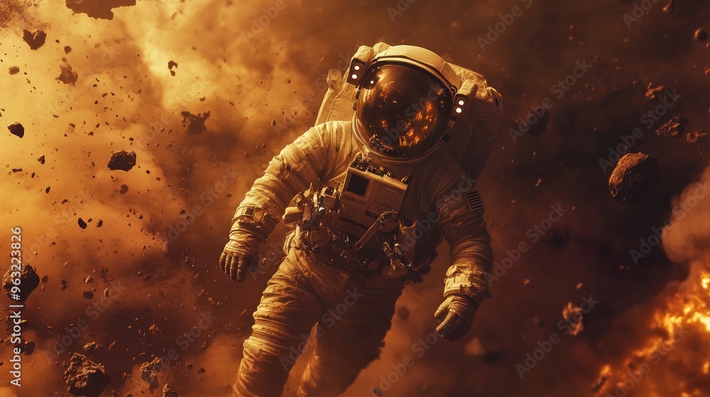 Fototapeta premium Amidst floating debris, rocks, and smoke, an astronaut boldly faces the vast unknown, braving explosive dangers.