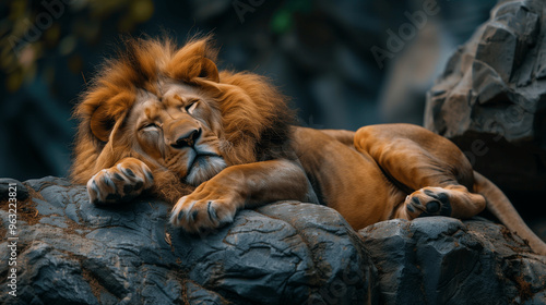 Majestic lion peacefully sleeping on rocks in its natural habitat photo