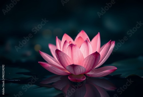 close up pink lotus flower on the water in the dark glowing bokeh