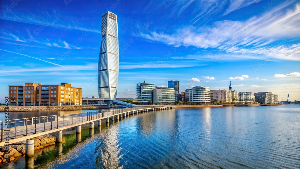 residential tower, iconic, cityscape, bridge, Malm? skyline, A stunning stock photo capturing the iconic Turning Torso of Malm? skyline against a backdrop of a blue sky bridge and sea residential tower, iconic, cityscape, bridge, Malm? skyline, A stunning stock photo capturing the iconic Turning Torso of Malm? skyline against a backdrop of a blue sky bridge and sea