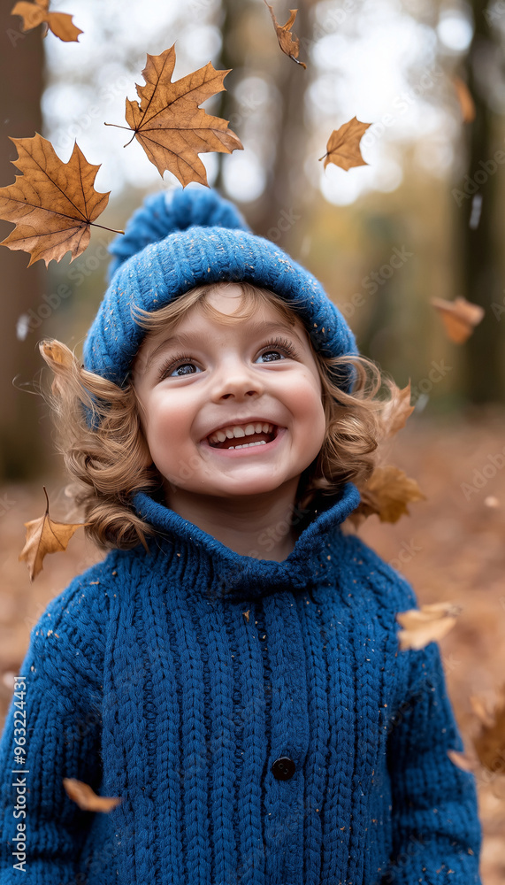 A happy child in a blue sweater and hat is smiling while playing with autumn leaves, wearing warm for the fall weather. The forest background has falling brown leaves. This is a po A happy child in a blue sweater and hat is smiling while playing with autumn leaves, wearing warm for the fall weather. The forest background has falling brown leaves. This is a po