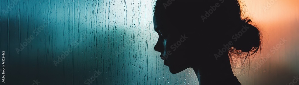 Silhouette of a Woman Against a Rainy Window with a Colorful Sunset in the Background Silhouette of a Woman Against a Rainy Window with a Colorful Sunset in the Background