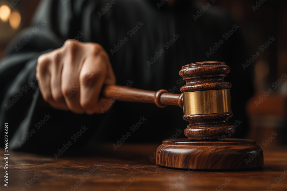 A judge uses his wooden gavel to strike the table in court, A judge uses his wooden gavel to strike the table in court,