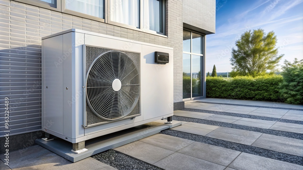 Air source heat pump installed in the residential building framing, sustainable, climate control, framing, residential building,air source heat pump, temperature control Air source heat pump installed in the residential building framing, sustainable, climate control, framing, residential building,air source heat pump, temperature control