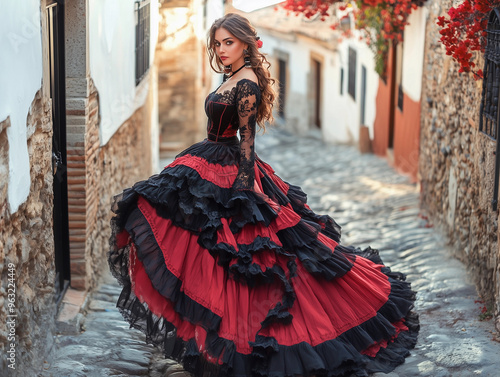 Una mujer está vestida con un vestido tradicional negro y rojo, en la calle de la ciudad vieja
