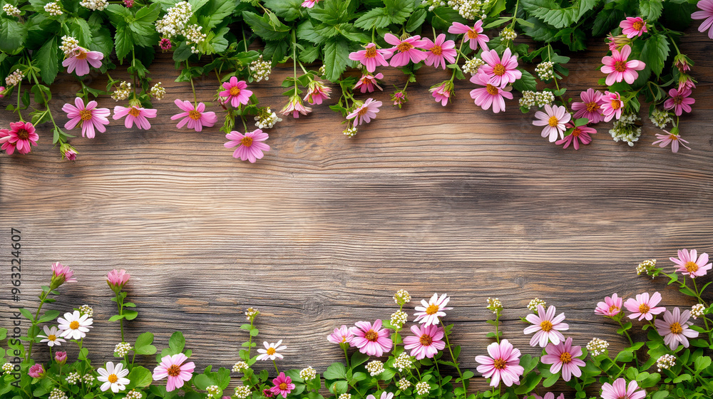 Fototapeta premium Floral border of pink and white daisies on rustic wooden background
