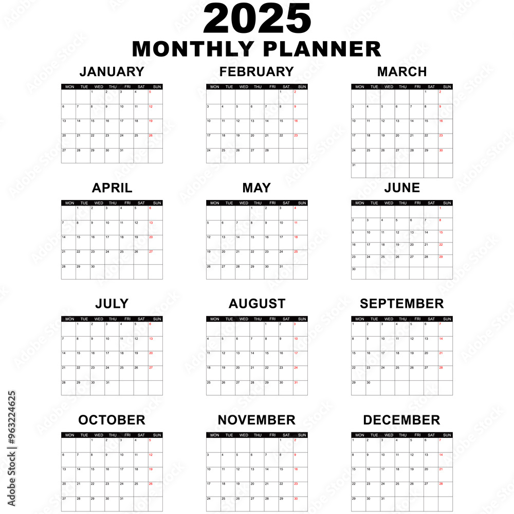 Monthly calendar template for 2025 year. Wall calendar in a minimalist style. Week Starts on Monday. Planner for 2025 year. Simple set calendar 2025. Monthly calendar template for 2025 year. Wall calendar in a minimalist style. Week Starts on Monday. Planner for 2025 year. Simple set calendar 2025.