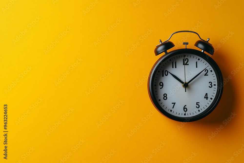 Photo of a clock on a yellow background, symbolizing time management for work and study. Web banner with copy space on the right side.