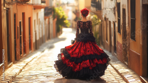 Una mujer está vestida con un vestido tradicional negro y rojo, en la calle de la ciudad vieja