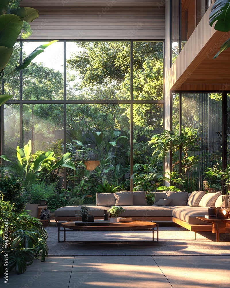 Chic garden house interior with vibrant greenery and modern furnishings picture