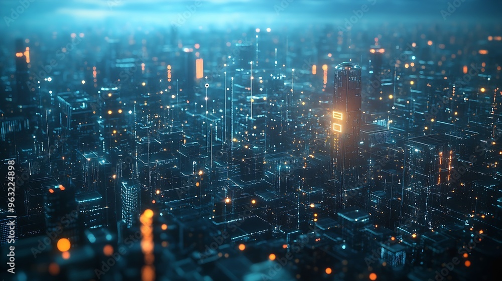 Fototapeta premium Advanced communication and global internet network connection in smart city Concept of future 5G wireless digital connecting and social media networking : Generative AI