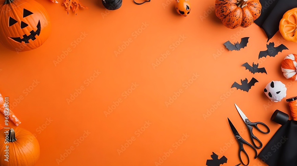 Halloween Craft Supplies Flat Lay with Pumpkins Bats and Scissors on Orange Background Halloween Craft Supplies Flat Lay with Pumpkins Bats and Scissors on Orange Background