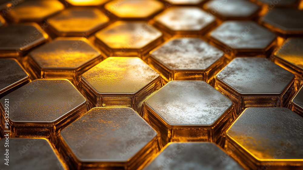 A close-up of the hexagonal honeycomb structure, each cell rendered in gold and silver tones for an elegant effect. The light is soft and diffused to create a warm glow on the meta A close-up of the hexagonal honeycomb structure, each cell rendered in gold and silver tones for an elegant effect. The light is soft and diffused to create a warm glow on the meta