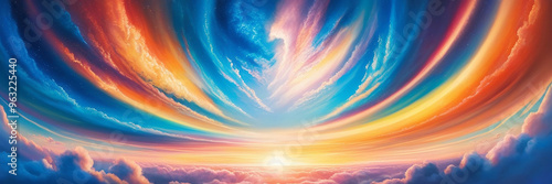 Vibrant sunset sky with a soft gradient of blue, orange, and yellow hues, creating a serene and dreamy summer ambiance. Peaceful and uplifting scene. Made with generative AI technology