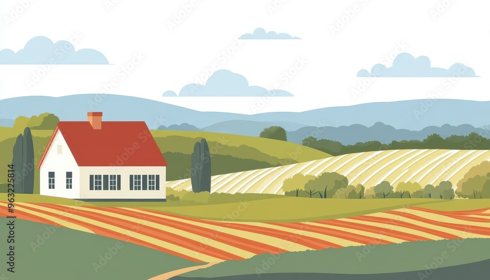 A white house with a red roof sits on a rolling green hill, surrounded by fields and mountains. The sky is blue with fluffy white clouds. A white house with a red roof sits on a rolling green hill, surrounded by fields and mountains. The sky is blue with fluffy white clouds.
