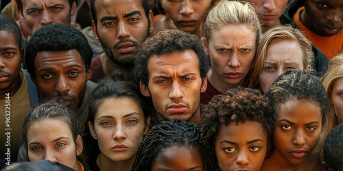 The Raging Sea of Emotions: A crowd of diverse faces expressing a range of intense emotions, all converging on a central focal point.