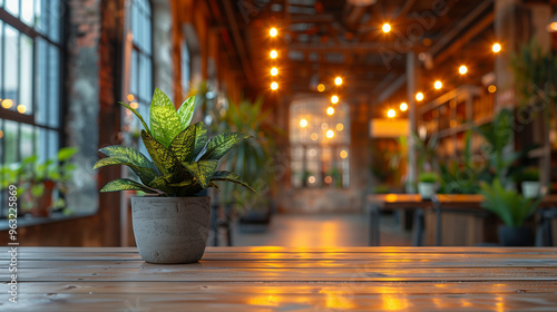 Small potted plant on rustic wooden table in cozy indoor setting. Empty copy space