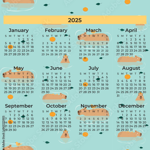 Calendar for 2025. Cute capybara swimming with tangerines.