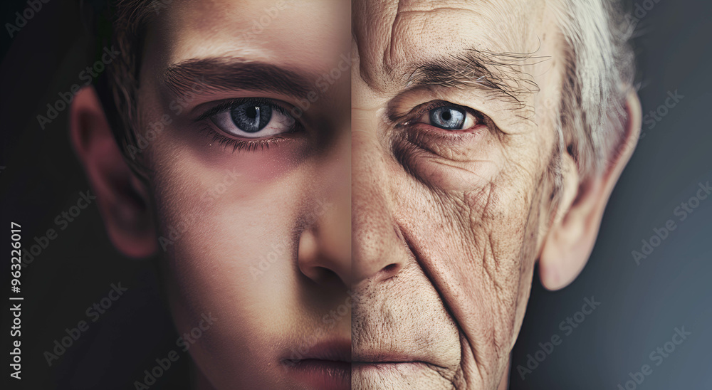 The face is divided into two halves - half young man and half old man. Childhood and old age. Life cycle. One person at different ages. The concept of life cycle. The face is divided into two halves - half young man and half old man. Childhood and old age. Life cycle. One person at different ages. The concept of life cycle.