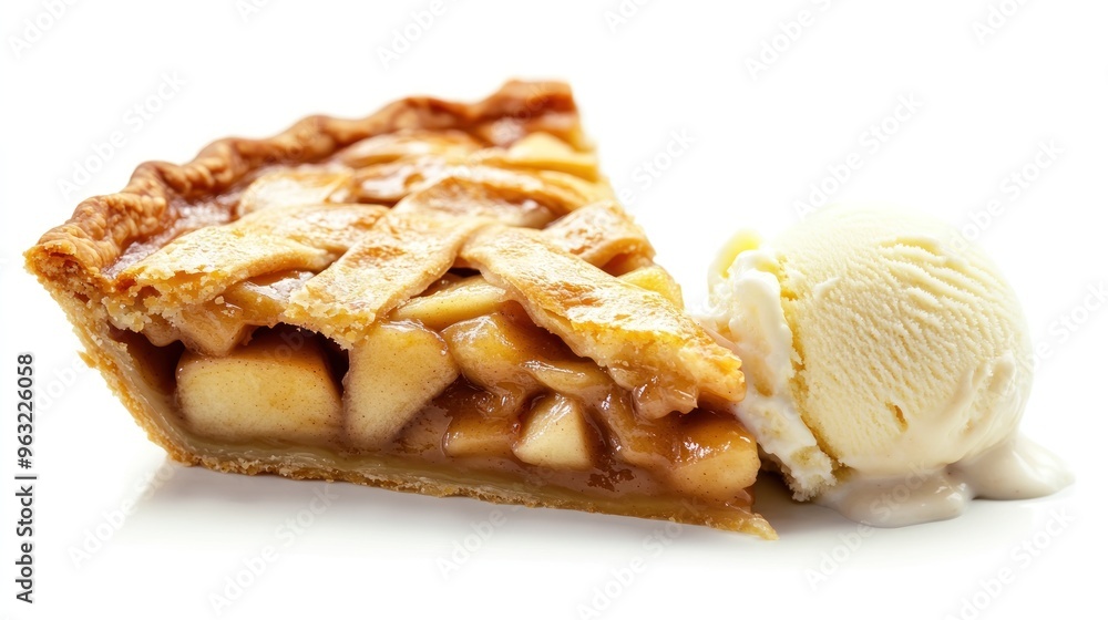 A slice of apple pie topped with a scoop of vanilla ice cream A slice of apple pie topped with a scoop of vanilla ice cream