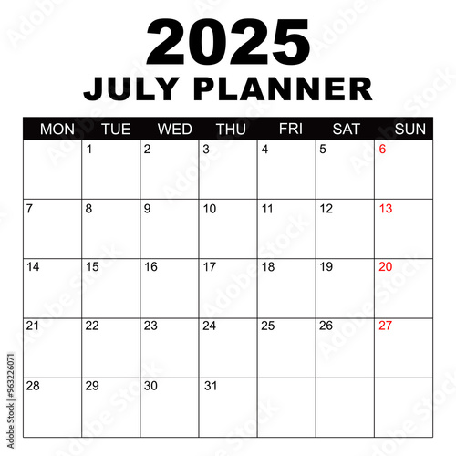 July 2025 Calendar. Week starts on Monday. Blank Calendar Template. Fits Letter Size Page. Stationery Design. Simple set calendar 2025. Monthly calendar template. Planner for 2025 year.