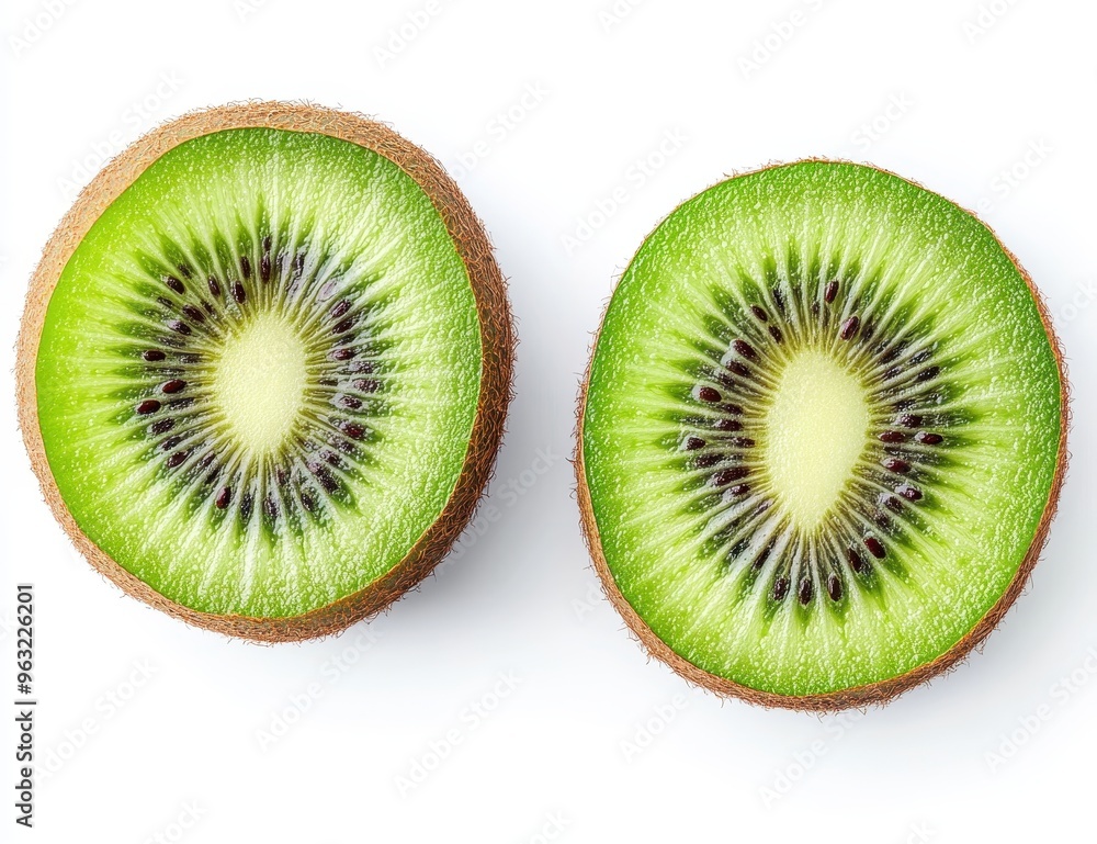 Fresh Kiwi Fruit Halves on White Background - Vibrant Green and Juicy Tropical Fruit Close-Up