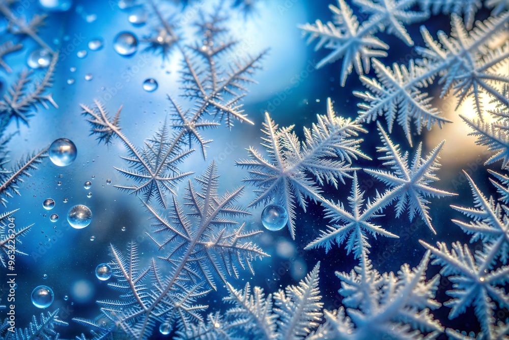 Close-up of intricate snowflakes on blue background with water droplets Close-up of intricate snowflakes on blue background with water droplets