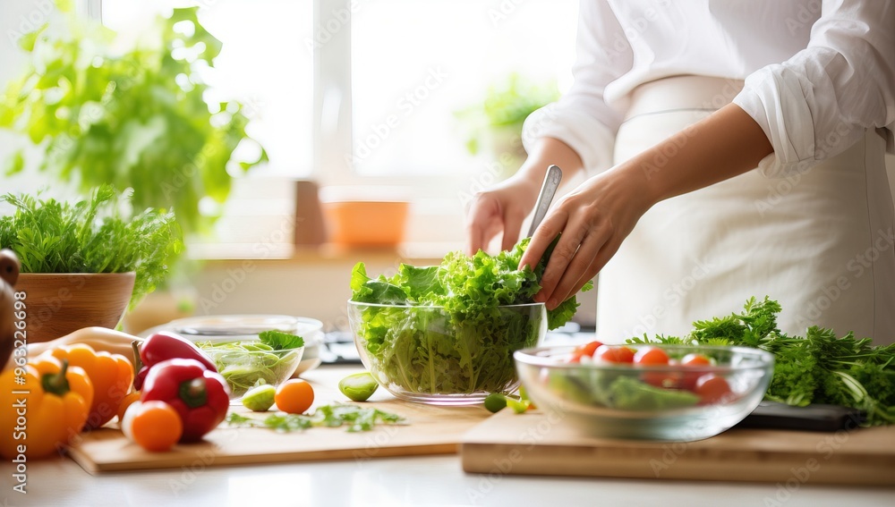 Fresh organic vegetables and herbs on a kitchen counter with hands preparing a healthy meal Fresh organic vegetables and herbs on a kitchen counter with hands preparing a healthy meal