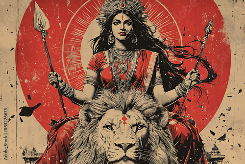 A trendy studio shot of Hindu goddess Maha Durga, depicted riding a lion, symbolizing power and protection. The vibrant and detailed imagery highlights her divine strength and grace
