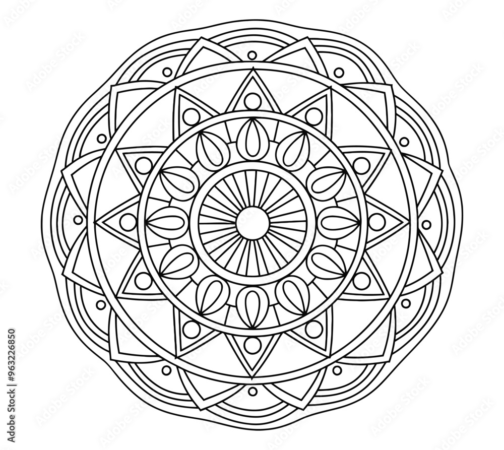 Black and White Outline Coloring Page of a Mandala. Circular Pattern With Intricate Details, Including Triangles, Squares, and Circles. Easy Mandala Hand Drawn Outline Vector Black and White Outline Coloring Page of a Mandala. Circular Pattern With Intricate Details, Including Triangles, Squares, and Circles. Easy Mandala Hand Drawn Outline Vector