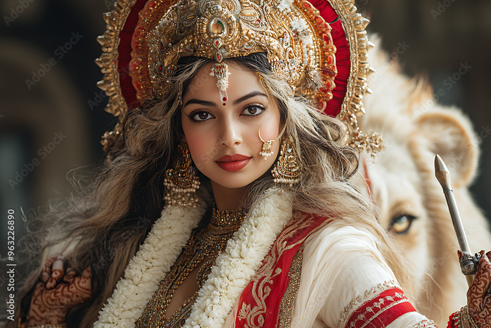 A trendy studio shot of Hindu goddess Maha Durga, depicted riding a lion, symbolizing power and protection. The vibrant and detailed imagery highlights her divine strength and grace A trendy studio shot of Hindu goddess Maha Durga, depicted riding a lion, symbolizing power and protection. The vibrant and detailed imagery highlights her divine strength and grace