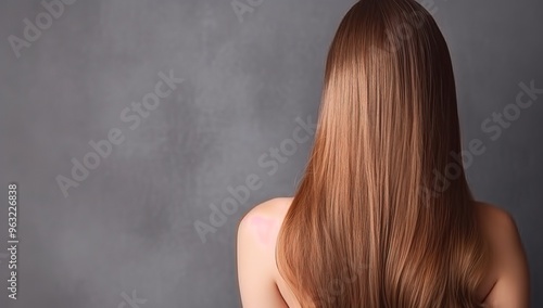 Close up of a woman's long, straight auburn hair from the back