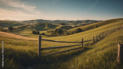 Rolling green hills and meadows with a wooden fence under a clear sky.